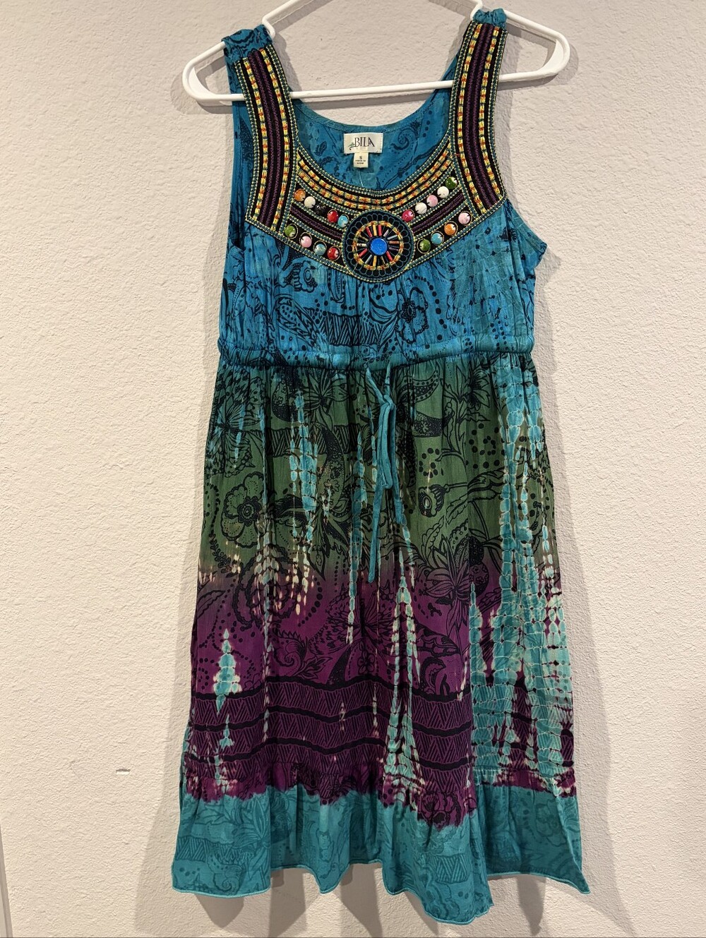 NEW Bila Womens Classic Casual Beaded Embroidered Tie Dye Babydoll Mini Dress S